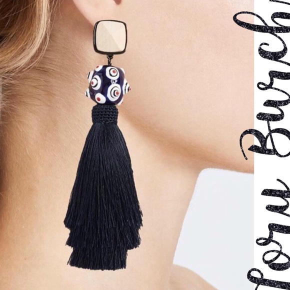 NWT  Tory Burch Navy Silk Tassel Clip-On Earrings - Picture 2 of 8